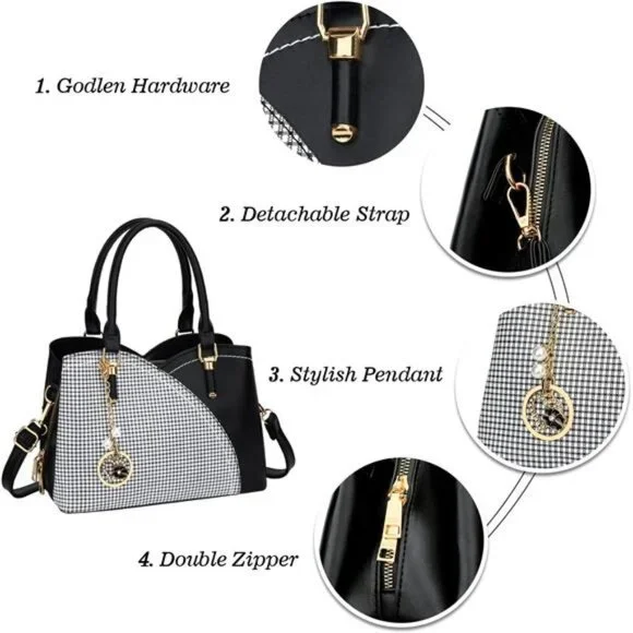 Black Plaid Print Faux Leather Mini Purse Crossbody Handbag Satchel Shoulder Bag - Picture 3 of 6